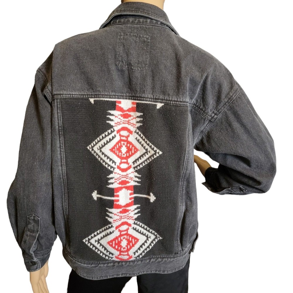 Carole Little Jacket Size 12 Gray Denim Tribal Aztec Western Knit Design